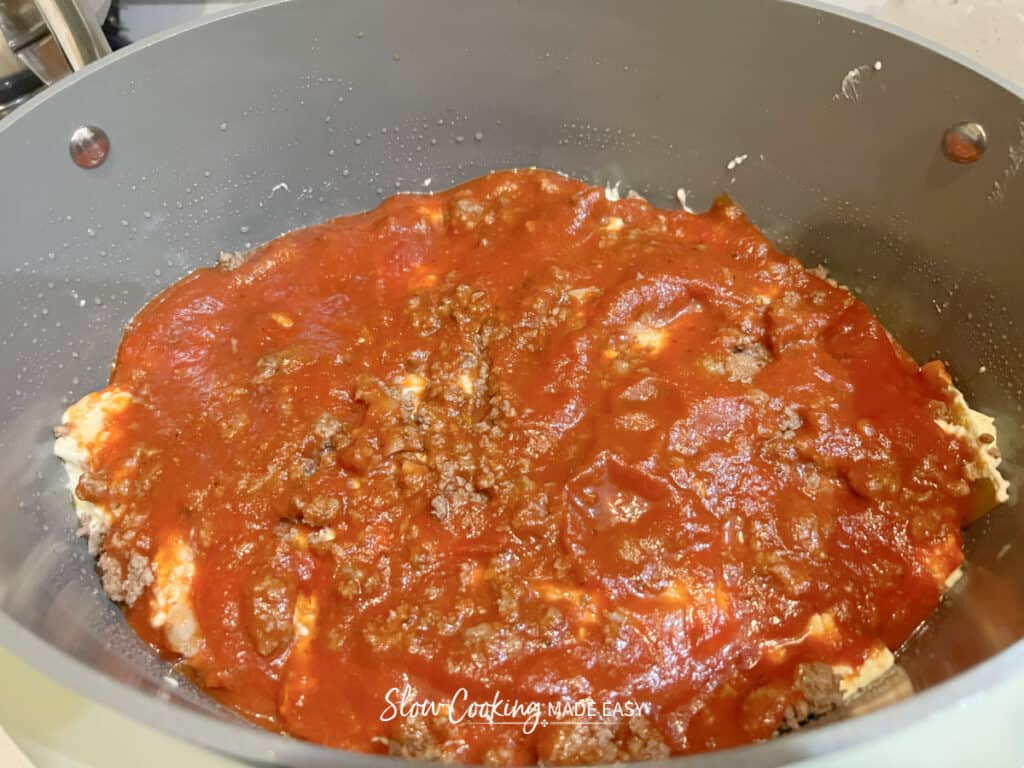 the meat sauce layer of lasagna in the slow cooker